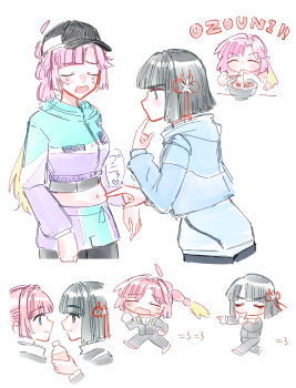 2girls ^_^ absurdres ahoge anyoji_hime anyoji_hime_(winter_training_wear) black_hair black_hat black_jacket black_leggings black_pants black_shorts black_track_suit blonde_hair blue_jacket blue_shorts blunt_bangs blunt_ends bob_cut bottle bowl breasts chibi chopsticks closed_eyes cropped_jacket crying detached_ahoge eating exercising eye_contact face-to-face flower flower_knot food gradient_hair hair_flower hair_ornament hasu_no_sora_gym_uniform hat heart highres holding holding_bottle holding_chopsticks holding_whistle holding_with_chopsticks hood hooded_jacket jacket leggings link!_like!_love_live! long_hair long_sleeves looking_at_another love_live! medium_breasts midriff mochi mochi_trail momose_ginko momose_ginko_(winter_training_wear) muffin_top multi-tied_hair multicolored_hair multicolored_jacket multiple_girls navel official_alternate_costume pants pink_hair poking_belly profile puff_of_air purple_jacket romaji_text running short_hair shorts sidelocks smile speech_bubble track_jacket track_suit translation_request two-tone_jacket two-tone_shorts u_u v-shaped_eyebrows very_long_hair virtual_youtuber whistle white_flower zangemiya zouni_soup