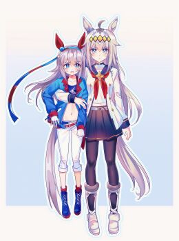 2girls absurdres ahoge animal_ears belt black_pantyhose blue_boots blue_eyes blue_hairband blue_jacket blue_sailor_collar blue_skirt blue_sports_bra blush boots brooch camellia_(camel_mal) closed_mouth commentary_request ear_covers ear_ornament fingerless_gloves gloves grey_hair grey_tail hair_between_eyes hair_ornament hairband headband height_difference highres horse_ears horse_girl horse_tail jacket jewelry lightning_bolt_print lightning_bolt_symbol long_hair long_sleeves midriff multicolored_hair multicolored_hairband multiple_girls navel neckerchief oguri_cap_(starlight_beat)_(umamusume) oguri_cap_(umamusume) open_mouth pants pantyhose pleated_skirt red_belt red_headband red_neckerchief sailor_collar shirt skirt sports_bra star_brooch striped_clothes striped_hairband sweat tail tamamo_cross_(umamusume) tamamo_cross_(with_lightning_speed)_(umamusume) two-tone_hairband umamusume white_boots white_pants white_shirt