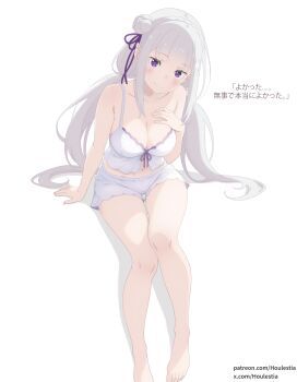 1girl absurdres adapted_costume arm_support babydoll barefoot blunt_bangs blush braid breasts cleavage closed_mouth collarbone commentary_request crown_braid elf emilia_(re:zero) feet flower foot_out_of_frame grey_hair hair_flower hair_ornament hand_on_own_chest highres houlestia invisible_chair legs long_hair looking_at_viewer medium_breasts navel patreon_username pointy_ears purple_eyes purple_ribbon re:zero_kara_hajimeru_isekai_seikatsu ribbon short_shorts shorts simple_background sitting solo strap_slip thighs translation_request twitter_username underwear underwear_only white_babydoll white_background white_shorts x_hair_ornament