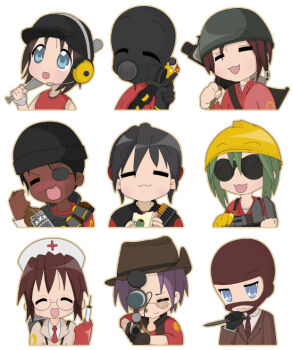 6+girls :3 :t =_= aiming aiming_at_viewer alcohol balisong bandaged_hand bandolier baseball_bat belt black_hair blazer blue_eyes bottle brown_hair character_request chibi closed_eyes cosplay cowboy_hat cross dark-skinned_female dark_skin demoman_(tf2) engineer_(tf2) everyone explosive eyepatch fire food formal_clothes gas_mask gender_request genderswap glasses green_hair grenade gun hard_hat hat headset heavy_(tf2) helmet holding holding_baseball_bat jacket jewelry knife lucky_star mask medic_(tf2) multiple_girls necklace necktie nurse nurse_cap open_mouth overalls parody pencil-chan purple_hair pyro_(tf2) red_cross red_demoman_(tf2) red_engineer_(tf2) red_heavy_(tf2) red_medic_(tf2) red_pyro_(tf2) red_scout_(tf2) red_sniper_(tf2) red_soldier_(tf2) red_spy_(tf2) rifle rocket_launcher rpg_(weapon) sandwich scout_(tf2) sniper_(tf2) sniper_rifle soldier_(tf2) spy_(tf2) style_parody suit sunglasses syringe team_fortress_2 the_demoman_(cosplay) the_engineer_(cosplay) the_heavy_(cosplay) the_medic_(cosplay) the_pyro_(cosplay) the_scout_(cosplay) the_sniper_(cosplay) the_soldier_(cosplay) the_spy_(cosplay) vest weapon wrench