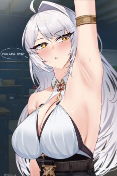 1girl absurdres ahoge arm_up armlet armpits bare_shoulders blush breasts cleavage commentary highres ichii_19 indoors jewelry large_breasts long_hair parted_lips presenting_armpit single_hair_intake sleeveless solo sweat upper_body very_long_hair white_hair yellow_eyes yixuan_(zenless_zone_zero) zenless_zone_zero