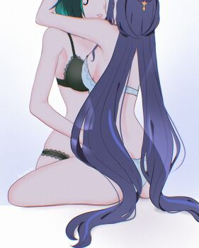 2girls aoiabyss artist_name black_bra black_panties bra breast_press breasts chromatic_aberration commentary genshin_impact gradient_background green_hair hand_on_another&#039;s_waist highres hug large_breasts lauma_(genshin_impact) long_hair multiple_girls nefer_(genshin_impact) panties parted_lips purple_background purple_hair short_hair sitting smile underwear white_background white_bra white_panties yuri