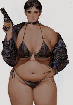 1girl armpit_crease belly belt_collar bikini black_bikini black_choker black_hair black_jacket blue_eyes body_writing breast_tattoo breasts choker closed_mouth collar cowboy_shot fat grey_background gun hand_on_own_hip handgun highres holding holding_gun holding_weapon jacket large_breasts leather leather_jacket long_sleeves looking_at_viewer navel open_clothes open_jacket original rora_(auroradiation) short_hair side-tie_bikini_bottom simple_background single_bare_shoulder single_off_shoulder solo standing string_bikini swimsuit tattoo terminator_(series) thick_thighs thighs weapon