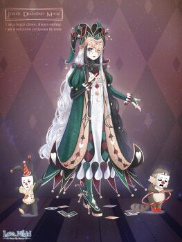 1girl animal argyle_background artist_request asymmetrical_sleeves bead_necklace beads black_bridal_gauntlets black_nails black_shoes bridal_gauntlets brown_background card character_name closed_mouth clothed_animal clown club_(shape) copyright_logo diamond_print dress english_text facial_tattoo frown full_body green_bridal_gauntlets green_hat green_pantyhose green_robe grey_lips half_mask hand_on_own_chest hat heart heart_print high_heels hoop hula_hoop jester_cap jewelry joker_&amp;_diamond_mask_(miracle_nikki) juliet_sleeves light_particles lipstick logo long_dress long_hair long_sleeves makeup mascara mask miracle_nikki mismatched_bridal_gauntlets mismatched_sleeves nail_polish neck_ruff necklace nikki_(series) official_art one_eye_closed outline outstretched_hand pantyhose playing_card print_robe puffy_sleeves purple_eyes rabbit raccoon robe sad shoes solo spade_print standing tattoo teardrop_tattoo third-party_source turtleneck vertical-striped_sleeves very_long_hair wavy_hair white_dress white_hair white_outline yellow_mask