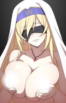 Rule 34 | 1girl, absurdres, blind, blonde hair, breasts, commentary, daydarion, english commentary, goblin slayer!, grabbing own breast, grey background, highres, jewelry, large breasts, light censor, long hair, necklace, nude, nun, simple background, smile, solo, sword maiden, upper body, veil, very long hair, white veil