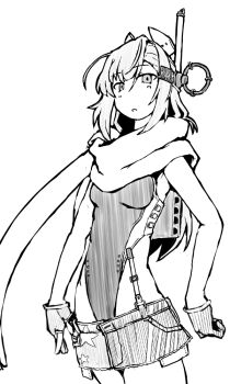 1girl breasts cowboy_shot denim denim_skirt fingerless_gloves gloves headgear highleg highleg_one-piece_swimsuit kantai_collection long_hair looking_at_viewer monochrome one-piece_swimsuit print_skirt scarf simple_background skirt small_breasts solo super_highleg swimsuit task_(s_task80) two-tone_one-piece_swimsuit wahoo_(kancolle)