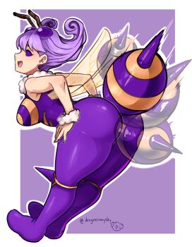 1girl :d abdomen_tail afterimage arthropod_girl artist_name ass bee_girl bee_wings bodysuit border breasts commentary commission d-ryuu darkstalkers full_body insect_girl insect_wings large_breasts looking_back no_shoes open_mouth outside_border purple_background purple_bodysuit purple_eyes purple_hair q-bee smile solid_eyes solo tail tail_wagging twitter_username white_border wings