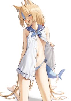 1girl absurdres ahoge animal_ears barefoot bikini bikini_bottom_only blonde_hair blue_bikini blue_bow blue_eyes blue_hair blue_sailor_collar blue_streaks blunt_bangs bow button_dress cat_ears commentary dress fang fins fish_girl fish_tail hair_bow highleg highleg_bikini highres indie_virtual_youtuber kneeling lifebuoy_hair_ornament long_hair looking_at_viewer low_twintails navel one_side_up open_clothes open_dress open_mouth sailor_collar sailor_dress sameko_saba sameko_saba_(1st_costume) samukzz side-tie_bikini_bottom simple_background skin_fang sleeveless sleeveless_dress solo stomach swimsuit tail twintails very_long_hair virtual_youtuber white_background white_dress white_streaks