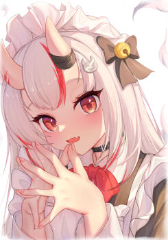 1girl alternate_costume apron black_choker black_dress blush choker dress fang highres hololive horns lemonqoq long_hair looking_at_viewer maid maid_headdress nakiri_ayame oni red_hair skin-covered_horns skin_fang solo very_long_hair virtual_youtuber white_apron white_hair white_headdress