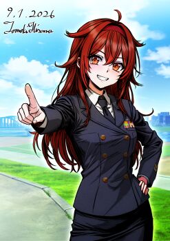 1girl ahoge alternate_costume artist_name black_jacket black_necktie black_skirt brown_eyes buttons collared_shirt commentary_request dated double-breasted grin hair_flaps hairband hand_on_own_hip highres hisama_tomoki jacket japan_maritime_self-defense_force japan_self-defense_force kantai_collection long_hair long_sleeves looking_at_viewer military military_dress_uniform military_rank_insignia military_uniform naval_dress_uniform naval_uniform necktie one-hour_drawing_challenge pointing pointing_at_viewer red_hairband ribbon_bar shiratsuyu_(kancolle) shiratsuyu_kai_ni_(kancolle) shirt skirt smile solo white_shirt
