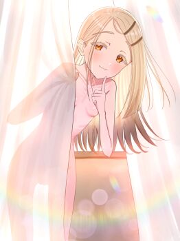 1girl absurdres blonde_hair blush breasts collarbone commentary_request completely_nude curtains gakuen_idolmaster hair_ornament hairclip highres idolmaster long_hair looking_at_viewer nude orange_eyes ribs shigino_tsugumi shinosawa_hiro small_breasts solo
