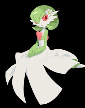 Rule 34 | black background, bob cut, colored skin, commentary, dress, english commentary, flower, gardevoir, gen 3 pokemon, green hair, green skin, hair flower, hair ornament, highres, june buns, looking at viewer, multicolored skin, nintendo, pink eyes, pokemon, pokemon (creature), simple background, smile, two-tone skin, white dress, white skin