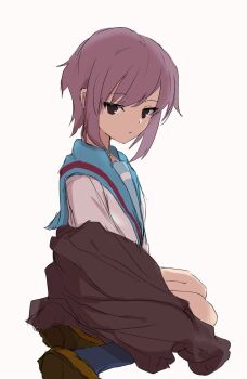 1girl black_cardigan blue_sailor_collar cardigan expressionless full_body highres kenpopor18 kita_high_school_uniform loafers looking_at_viewer nagato_yuki purple_hair sailor_collar school_uniform shirt shoe_soles shoes short_hair simple_background sitting solo suzumiya_haruhi_no_yuuutsu unworn_cardigan white_background white_shirt winter_uniform