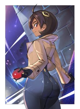absurdres arupg ass black_hair bodysuit brick_wall cityscape dark-skinned_female dark_skin dutch_angle emma_(pokemon) highres jacket looking_back medium_hair night nintendo outdoors poke_ball poke_ball_(basic) pokemon pokemon_legends:_z-a purple_eyes smile