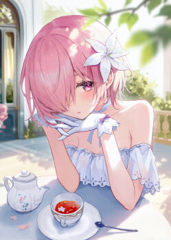 1girl azusa_(980650076) bare_shoulders blush breasts cleavage dress fate/grand_order fate_(series) flower gloves hair_flower hair_ornament hair_over_one_eye highres large_breasts looking_at_viewer mash_kyrielight mash_kyrielight_(formal_dress) pink_hair purple_eyes short_hair solo white_dress white_gloves