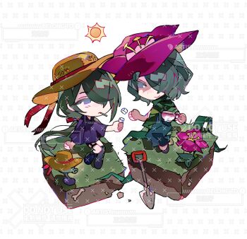 1boy 1girl androgynous arm_support black_boots black_shorts blue_dress blue_eyes bone boots bow brown_hat capelet chibi chibi_only chinese_commentary closed_mouth commentary_request commission cup dot_nose dress eye_contact fewer_digits flower frown full_body garter_straps green_capelet green_hair grimrose_(plants_vs._zombies) hair_bow hair_flower hair_ornament hair_over_one_eye hat hat_ribbon holding holding_cup hunpomenghuanzhuanchaiqinglu knee_boots long_dress long_hair long_skirt looking_at_another low_ponytail male_focus mouth_hold no_pupils official_alternate_costume on_grass one_eye_covered pencil_dress personification pink_flower plant plants_vs._zombies plants_vs._zombies_2 ponytail purple_capelet purple_shoes red_bow red_ribbon ribbon shaded_face shadow_peashooter_(plants_vs._zombies) shoes short_hair shorts shovel simple_background single_garter_strap sitting skirt smile straw_hat teacup thigh_strap trap very_long_hair watermark white_background