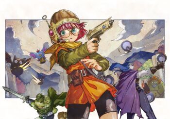 1girl 3boys black_pants black_shorts blue_eyes brown_tunic cape chrono_trigger cloud finger_on_trigger frog frog_(chrono_trigger) glasses green_cape gun headset helmet holding holding_gun holding_sword holding_weapon lucca_ashtear magic magus_(chrono_trigger) multiple_boys narita_imomushi pants purple_cape purple_hair shorts sword tunic weapon