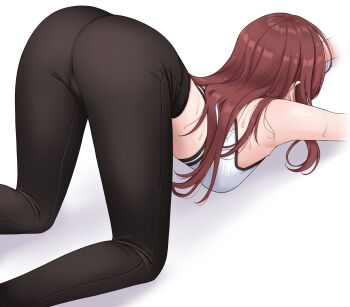 1girl ass bare_shoulders black_leggings breasts cat_stretch commentary_request from_behind highres idolmaster idolmaster_shiny_colors leggings long_hair medium_breasts midriff osaki_amana red_hair simple_background solo sports_bra stretching sulgi_park sweat top-down_bottom-up white_background white_sports_bra