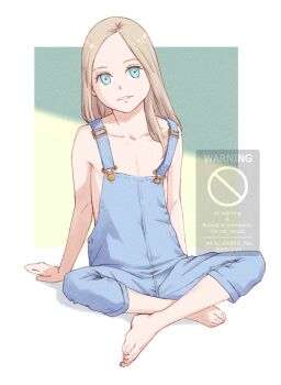 Rule 34 | 1girl, adversarial noise, bare shoulders, barefoot, blonde hair, blue eyes, commentary request, flat chest, forehead, grin, highres, indian style, kbrg, long hair, looking at viewer, naked overalls, original, overalls, paid reward available, sitting, smile, solo, watermark