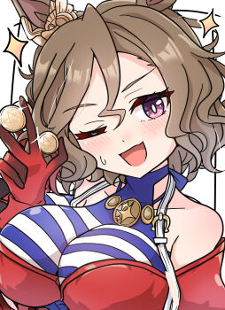 1girl absurdres animal_ears arnolddayo bare_shoulders blue_shirt blush breasts brown_hair coin collarbone commentary_request ear_ornament gloves gold_coin hair_between_eyes highres holding holding_coin horse_ears horse_girl large_breasts looking_at_viewer off-shoulder_shirt off_shoulder one_eye_closed open_mouth purple_eyes red_gloves red_shrug shirt short_hair shrug_(clothing) smile solo star_(symbol) striped_clothes striped_shirt sweatdrop tap_dance_city_(glitter!)_(umamusume) tap_dance_city_(umamusume) umamusume upper_body white_shirt