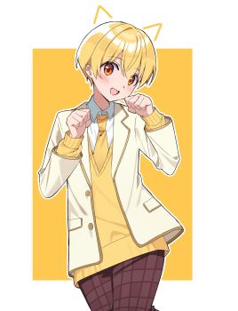 1boy blonde_hair blush border brown_pants cowboy_shot drawn_ears hair_between_eyes highres jacket kai_(shell) long_sleeves looking_at_viewer male_focus necktie open_clothes open_jacket open_mouth orange_eyes pants paw_pose root_(stpri) short_hair smile solo strawberry_prince sweater_vest white_border white_jacket yellow_necktie yellow_sweater_vest