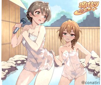 2girls ahoge baba_konomi blush braid breasts brown_hair cleavage collarbone commentary_request cowboy_shot day green_eyes holding holding_microphone idolmaster idolmaster_million_live! idolmaster_million_live!_theater_days konachiri medium_hair microphone multiple_girls naked_towel onsen open_mouth outdoors sakuramori_kaori same-sex_bathing shared_bathing short_hair single_braid standing towel twitter_username two_side_up