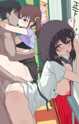 2boys 3girls absurdres against_wall arms_around_neck ass bent_over black_bra black_hair black_skirt blonde_hair blush bouncing_breasts bra bra_pull breasts breasts_out brown_eyes brown_hair clothed_female_nude_male clothed_sex clothes_lift clothes_pull clubroom dress dress_lift eguegu faceless faceless_male furutachi_kurea green_dress green_eyes green_sash grey_eyes group_sex hair_ornament hair_scrunchie hair_tie hairclip hand_on_another&#039;s_ass hetero hibi_wa_sugiredo_meshi_umashi highres hoshi_nana indoors kawai_mako kiss large_breasts leg_lock lifting_person long_hair looking_back medium_breasts medium_hair multiple_boys multiple_girls multiple_hair_clips nipples nude open_clothes open_door open_dress open_mouth orgy peeking purple_shirt pussy_juice sash scrunchie sex sex_from_behind shirt shirt_lift short_sleeves skirt skirt_lift small_breasts standing standing_leg_lock standing_sex suspended_congress sweat twintails underwear vaginal white_bra yellow_scrunchie