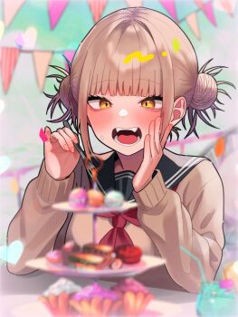 1girl black_sailor_collar blonde_hair blunt_bangs blush boku_no_hero_academia breasts brown_sweater commentary_request cupcake dessert double_bun eating food food_on_face fork hair_bun hand_on_own_cheek hand_on_own_face highres holding holding_fork konbu_babu medium_breasts messy_hair neckerchief open_mouth pennant red_neckerchief sailor_collar school_uniform serafuku solo sweater toga_himiko upper_body
