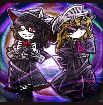 2girls :v adjusting_bowtie adjusting_eyewear ascot black_boots black_capelet black_hat black_skirt blush_stickers boots bow bowtie brown_hair capelet dress glasses grin hair_between_eyes hat hat_bow long_dress long_sleeves maribel_hearn mob_cap multiple_girls one_eye_closed pink_ascot purple_dress red_bow red_bowtie red_eyes sash shirt skirt sleeve_cuffs smile standing suenari_(peace) suspenders touhou usami_renko white_bow white_hat white_sash white_shirt