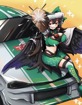 1girl abuo_(abuosann) arm_cannon black_hair black_wings bow breasts car commentary commission english_commentary green_bow green_skirt large_breasts long_hair midriff motor_vehicle race_queen race_vehicle racecar red_eyes reiuji_utsuho sign skeb_commission skirt smirk thighhighs third_eye touhou warning_sign weapon wings