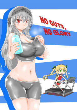 2girls alternate_breast_size_(larger) alternate_costume bike_shorts blonde_hair blue_background bottle breasts cleavage commentary_request cowboy_shot drill_hair drill_sidelocks english_text exercising frilled_hairband frills green_eyes grey_hair grey_ribbon grey_shorts grey_sports_bra hair_ribbon hairband highres holding holding_bottle itini-sanshi large_breasts long_hair looking_at_viewer midriff multiple_girls navel open_mouth red_eyes ribbon rozen_maiden shinku shorts sidelocks sports_bra suigintou sweat treadmill twintails two-tone_background very_long_hair water_bottle white_background