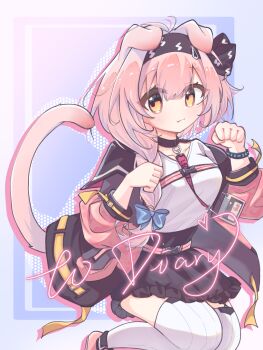 1girl animal_ears arknights black_bow black_hairband black_jacket black_skirt blue_background blue_bow blush bow braid breasts cat_ears cat_girl cat_tail chinese_commentary closed_mouth commentary_request fang goldenglow_(arknights) gradient_background hair_bow hairband hands_up highres id_card jacket lanyard large_breasts lightning_bolt_print long_hair miniskirt multicolored_jacket open_clothes open_jacket paw_pose pink_background pink_hair pink_jacket pink_shoes shirt shoes side_braid skirt solo tail thighhighs two-tone_jacket white_shirt white_thighhighs xinjinjumin9610989 yellow_eyes