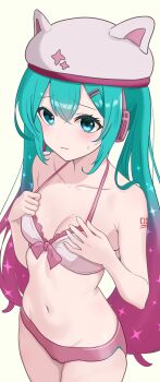 1girl absurdres animal_hat aqua_hair bra breasts cat_hat closed_mouth commentary_request fortnite futatunoniji gradient_hair hair_between_eyes hair_ornament hairclip hat hatsune_miku headset highres long_hair medium_breasts multicolored_hair navel neko_hatsune_miku panties pink_bra pink_hair pink_hat pink_panties solo stomach twintails two-tone_hair underwear vocaloid