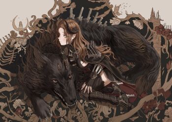 1girl armored_boots black_fur boots breasts brown_fur brown_hair claws cloak fangs fingerless_gloves gauntlets gloves gold_can highres horns kneeling leaning_on_animal light_blush long_hair looking_at_viewer original parted_lips pointy_ears sideboob single_fingerless_glove single_gauntlet solo third_eye wavy_hair white_background wolf