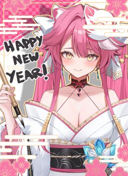 1girl animal_ear_fluff animal_ears bare_shoulders blush breasts cleavage collarbone commentary english_commentary english_text fox_mask happy_new_year highres hololive hololive_english japanese_clothes kimono large_breasts mask multicolored_hair new_year panther_ears panther_girl pink_background pink_hair raora_panthera raora_panthera_(artist) solo two-tone_hair upper_body virtual_youtuber white_hair white_kimono yellow_eyes