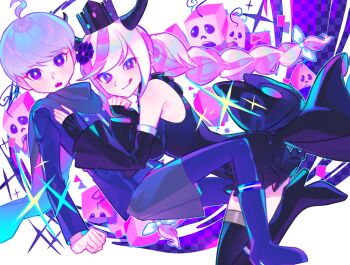 1boy 1girl ahoge bare_shoulders black_dress braid crown demon_girl demon_horns dress highres horns iro_(mywife_sunny) master_detective_archives:_rain_code mini_crown purple_eyes purple_hair shinigami_(rain_code) short_hair tongue tongue_out twin_braids yuma_kokohead