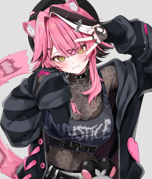 1girl :3 absurdres animal_ear_fluff animal_ears belt beret black_belt black_hat black_jacket black_streaks black_tank_top breasts commentary_request crop_top extra_ears fangs grey_background hair_between_eyes hair_intakes hands_up hat highres hololive hololive_english jacket jewelry large_breasts looking_at_viewer mogu_(au1127) multiple_rings official_alternate_costume official_alternate_hairstyle panther_ears panther_girl panther_tail pink_hair raora_panthera ring see-through_cleavage see-through_clothes short_hair_with_long_locks sidelocks simple_background single_sleeve_past_fingers single_sleeve_past_wrist skin_fangs skin_tight solo tail tank_top upper_body v virtual_youtuber white_streaks yellow_eyes