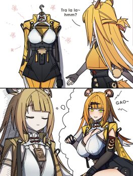 1girl animal_ears blonde_hair breast_envy display dorahdew dress flat_chest highres ju_fufu paw_pose single_tear speech_bubble tail thought_bubble white_background yellow_eyes zenless_zone_zero