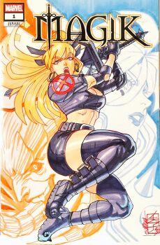 1girl acecore2k belt black_belt black_shirt black_shorts blonde_hair breasts character_name cleavage commentary company_name cover dark_persona earrings english_commentary fighting_stance full_body highres jewelry long_hair magik_(x-men) marvel marvel_rivals open_mouth shirt shorts signature solo teeth traditional_media upper_teeth_only x-men