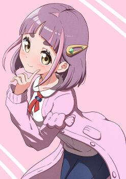 1girl absurdres arched_bangs blush brown_eyes closed_mouth coat collared_shirt commentary_request eyelashes hair_ornament hairclip hand_up highres index_finger_raised lacey_(pokemon) long_sleeves medium_hair nintendo open_clothes open_coat pants pink_background pokemon pokemon_sv purple_hair rono_(lethys) shirt smile solo white_shirt