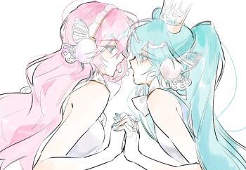 2girls aqua_eyes aqua_hair butterfly_wings colored_eyelashes commentary crown drw_0w0 english_commentary hatsune_miku headphones headset highres holding_hands insect_wings long_hair looking_at_another magnet_(vocaloid) megurine_luka multiple_girls open_mouth pink_hair twintails wings yuri