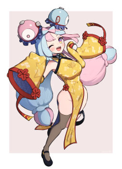 Rule 34 | 1girl, alternate costume, bare shoulders, black footwear, black thighhighs, blue hair, blush, bow-shaped hair, breasts, character hair ornament, china dress, chinese clothes, commentary request, detached sleeves, double bun, dress, fake hair bun, full body, gonzarez, groin, hair bun, hair ornament, highres, holding, holding poke ball, iono (pokemon), long hair, looking at viewer, medium breasts, multicolored eyes, multicolored hair, nintendo, no panties, one eye closed, open mouth, pink eyes, pink hair, poke ball, poke ball (basic), pokemon, pokemon scarlet and violet, simple background, sleeves past fingers, sleeves past wrists, smile, solo, split-color hair, thighhighs, thighs, two-tone background, two-tone eyes, two-tone hair, yellow dress, yellow eyes, yellow sleeves