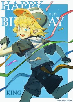 1boy :d absurdres ahoge aotu_world baseball_cap black_gloves black_hat black_shorts blonde_hair blue_background blue_eyes blush border character_name chinese_commentary clenched_hand confetti dated english_text fang feet_out_of_frame fingerless_gloves gloves hair_between_eyes happy_birthday hat highres hood hood_down hoodie king_(aotu_world) light_particles male_focus multicolored_hat multicolored_hoodie open_mouth pointy_ears ribbon running short_hair short_sleeves shorts smile solo streamers teeth twitter_username upper_teeth_only waist_ribbon white_border white_hoodie xia8394727 yellow_ribbon