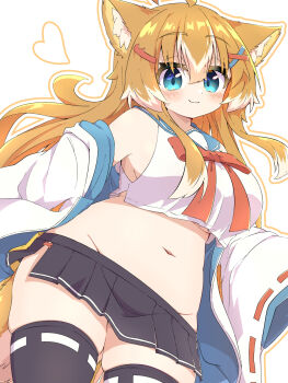 1girl :3 animal_ear_fluff animal_ears aqua_eyes black_skirt black_thighhighs blue_sailor_collar bow bowtie breasts commentary cowboy_shot cropped_shirt dog_ears dog_girl dog_tail groin hair_between_eyes hair_ornament hairclip haru_(toramaru2001710) heart highres jacket jacket_partially_removed light_blush long_hair looking_at_viewer medium_breasts miniskirt multicolored_hair navel no_panties open_clothes open_jacket orange_hair original pleated_skirt red_bow red_bowtie red_ribbon ribbon ribbon-trimmed_sleeves ribbon-trimmed_thighhighs ribbon_trim sailor_collar shirt side_slit sidelocks simple_background skindentation skirt sleeveless sleeveless_shirt smile solo symbol-only_commentary tail thighhighs toramaru2001710 two-tone_hair very_long_hair white_background white_hair white_jacket white_shirt wide_sleeves x_hair_ornament zettai_ryouiki