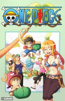 2021 2girls 5boys ^_^ absurdres arm_tattoo backpack bag bikini bikini_top_only blonde_hair blue_nose blue_tank_top brown_overalls closed_eyes comic_cover_redraw commentary copyright_name cross derivative_work devil_fruit_power drinking earrings english_commentary facing_viewer fish goggles goggles_on_head gomu_gomu_no_mi hat highres jewelry log_pose medium_hair monkey_d._luffy multiple_boys multiple_girls nami_(one_piece) nami_(one_piece)_(skypiea) nico_robin nico_robin_(skypiea) official_alternate_costume one_piece overalls palm_tree pink_hat red_shirt roronoa_zoro samu_(samudl) sandals sanji_(one_piece) shirt straw_hat straw_hat_pirates swimsuit tank_top tattoo tony_tony_chopper tree twitter_username usopp