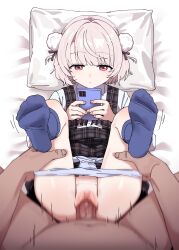 1boy 1girl absurdres black_dress blue_panties blue_socks cellphone censored closed_mouth clothed_sex commentary dress emotionless_sex grey_hair hair_ornament hetero highres holding holding_phone legs_up loli lying missionary mosaic_censoring motion_blur motion_lines mozako multitasking no_shoes on_back panties panty_pull penis phone pillow pinafore_dress plaid_clothes plaid_dress pom_pom_(clothes) pom_pom_hair_ornament pov pov_crotch pov_hands pussy red_eyes sex shirt short_hair sleeveless sleeveless_dress smartphone socks ui_(voisona) underwear vaginal voisona white_shirt