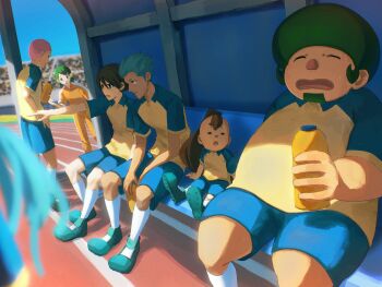 Rule 34 | 1girl, 6+boys, afro, aqua shoes, bench, blue hair, blue shirt, blue shorts, blurry, blurry background, blurry foreground, bottle, brown hair, commentary request, crowd, day, depth of field, domon asuka, exhausted, facial hair, goatee, green hair, high ponytail, highres, holding, holding bottle, ichinose kazuya, inazuma eleven, inazuma eleven (series), kabeyama heigorou, kazemaru ichirouta, kino aki, long hair, looking ahead, looking at another, male focus, multiple boys, multiple girls, on bench, open mouth, orange track suit, outdoors, pink hair, pointing, pointing forward, ponytail, raimon, raimon soccer uniform, sea raino, shirt, shoes, short hair, shorts, shourinji ayumu, sitting, soccer uniform, socks, someoka ryuugo, sportswear, standing, sweat, track suit, two-tone shirt, v arms, water bottle, white socks, yellow shirt
