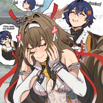 1boy 3girls absurdres animal_ears bare_shoulders belle_(delicate_sunlight)_(zenless_zone_zero) belle_(zenless_zone_zero) blue_hair blush breasts brown_hair china_dress chinese_clothes clover_hair_ornament dress droopy_ears earrings hair_ornament highres imagining jewelry ju_fufu large_breasts letter_hair_ornament long_hair multiple_girls nail_polish official_alternate_costume pan_yinhu short_hair smile tassel tassel_earrings ye_shunguang yuri zanqi zenless_zone_zero