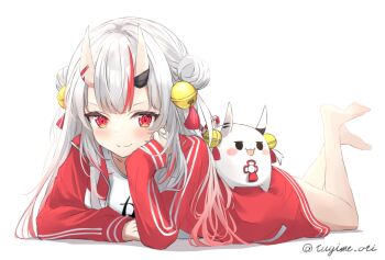 Rule 34 | barefoot, belt, commentary request, double bun, fang, feet, hair between eyes, hair between horns, hair bun, highres, hololive, horns, jacket, long sleeves, looking at viewer, lying, multicolored hair, nakiri ayame, nakiri ayame (cutie jersey), official alternate costume, on stomach, oni, poyoyo (nakiri ayame), red eyes, red hair, red jacket, simple background, skin-covered horns, skin fang, toes, tugime oti, virtual youtuber, white hair