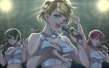 3girls amenoimo arm_up blonde_hair blue_eyes breasts collarbone highres holding holding_microphone lisa_silverman looking_at_viewer medium_breasts microphone multiple_girls nail_polish navel open_mouth persona persona_2 short_hair smile sweat zipper_pull_tab